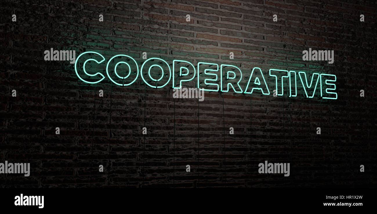 COOPERATIVE -Realistic Neon Sign on Brick Wall background - 3D rendered royalty free stock image. Can be used for online banner ads and direct mailers Stock Photo