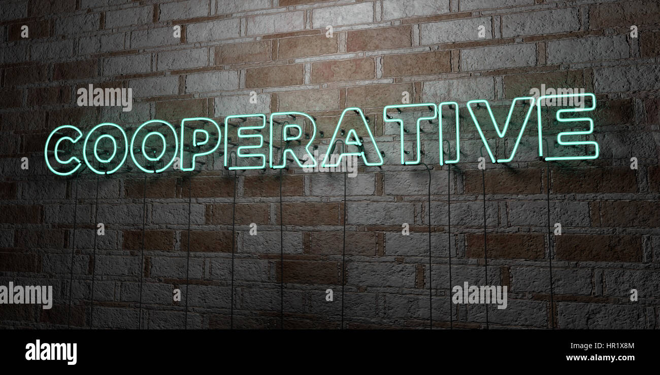 COOPERATIVE - Glowing Neon Sign on stonework wall - 3D rendered royalty free stock illustration.  Can be used for online banner ads and direct mailers Stock Photo