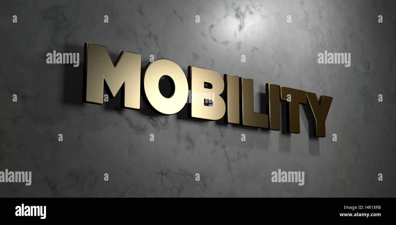 Mobility - Gold sign mounted on glossy marble wall - 3D rendered ...