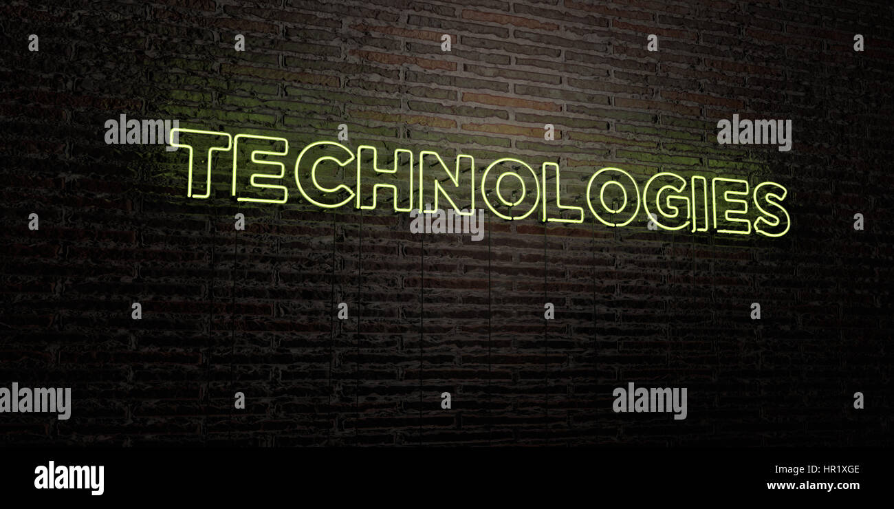 TECHNOLOGIES -Realistic Neon Sign on Brick Wall background - 3D ...