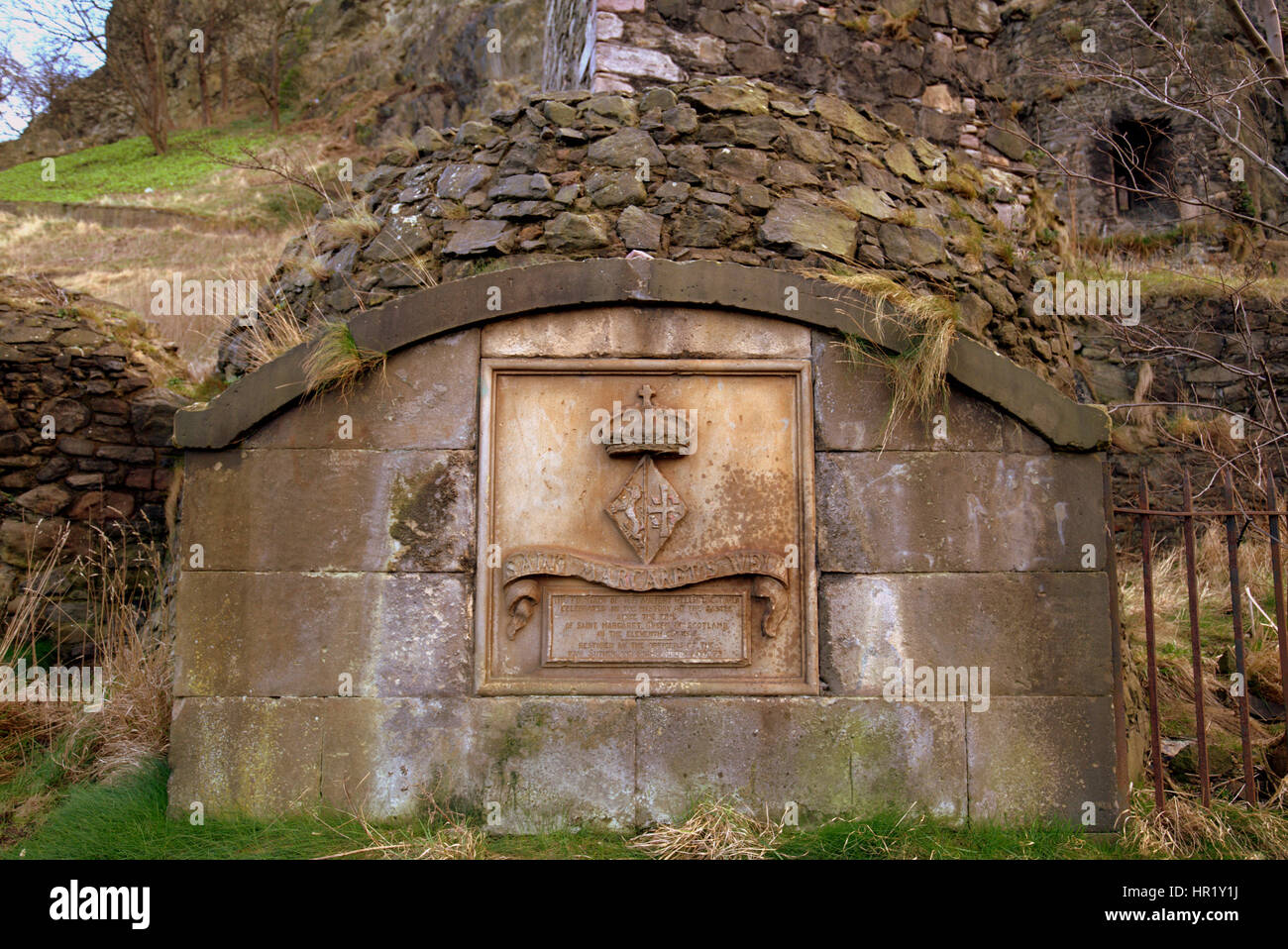 Edinburgh castle base where Queen Margaret's  well is Stock Photo