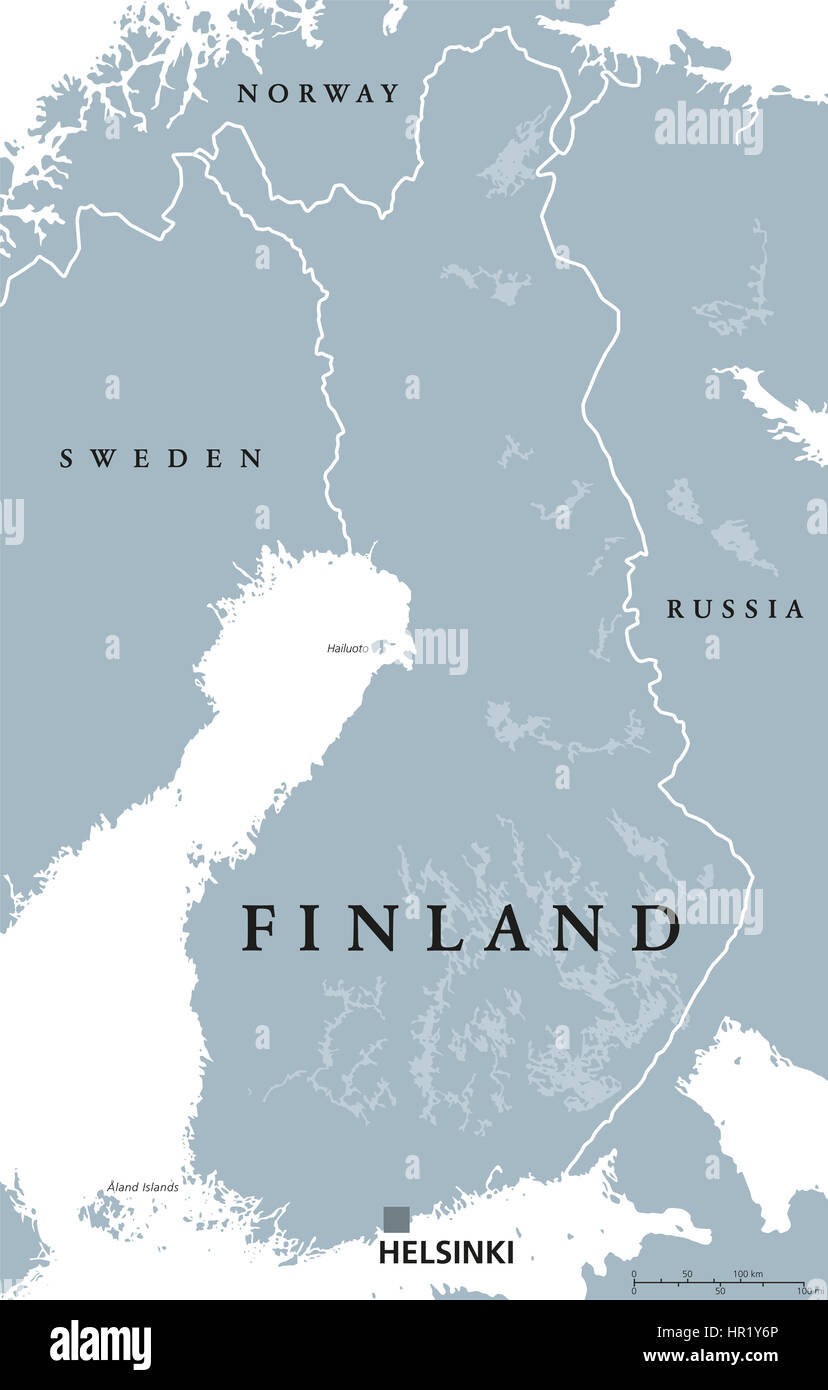 Finland political map with capital Helsinki, national borders and neighbor countries. Republic and state in Northern Europe. Stock Photo