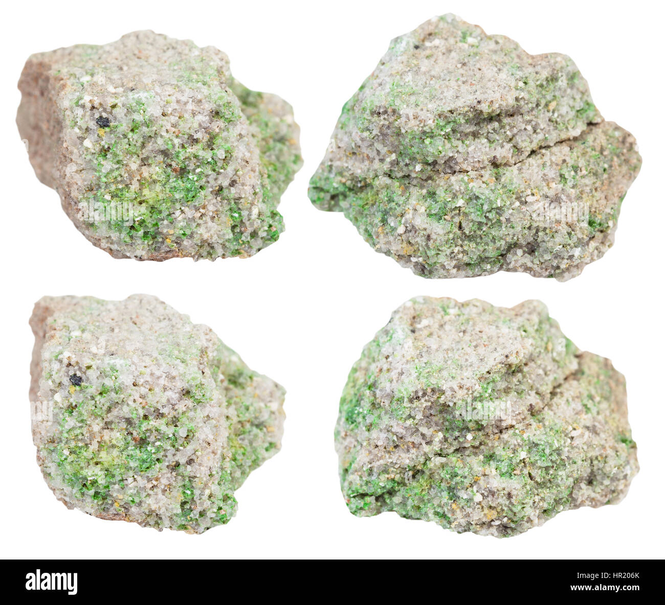 set of rock pieces with green pintadoite crystals on sandstone isolated on white background Stock Photo