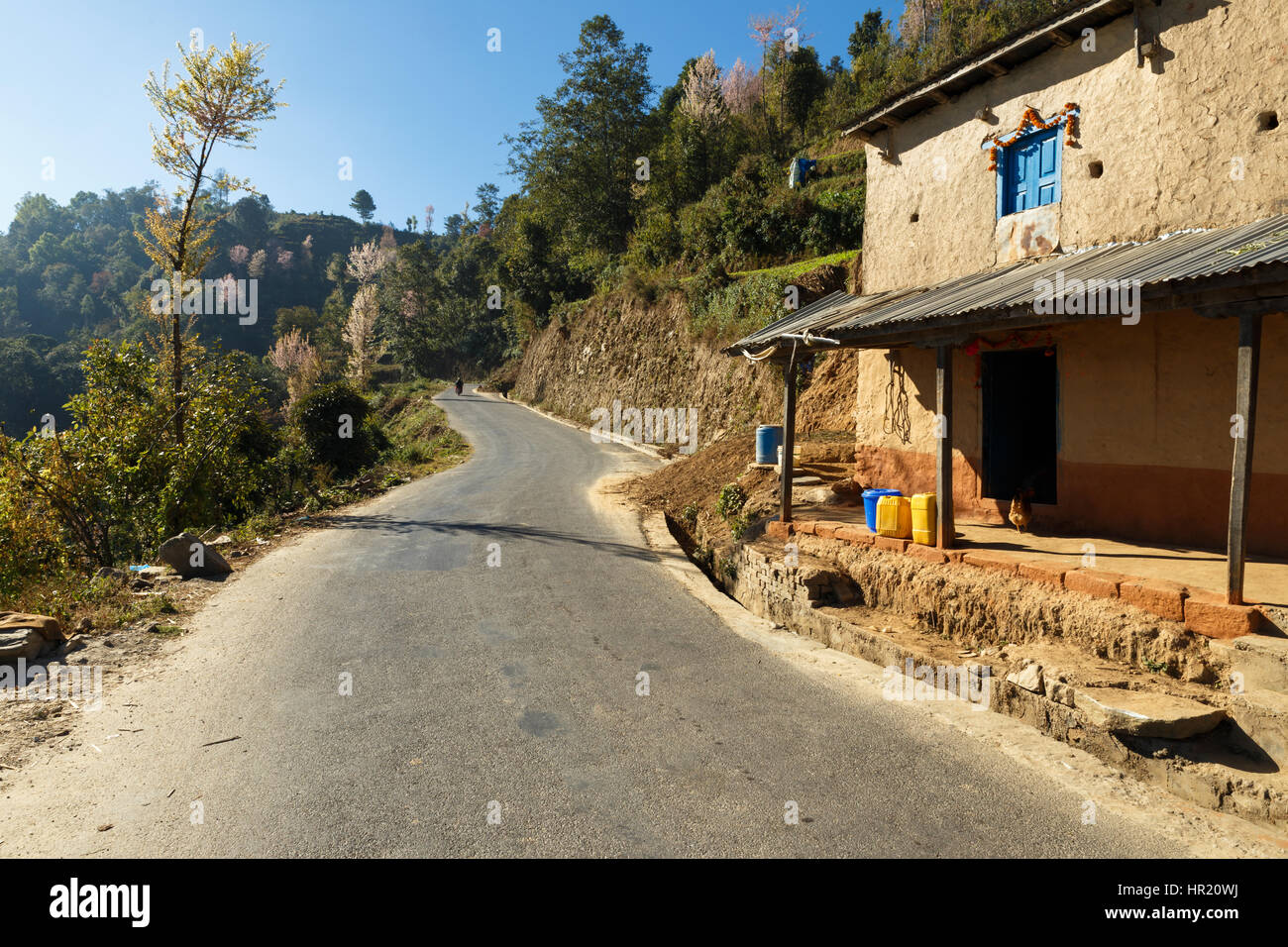 house on the road to Thrangu Tashi Yangtse Monastery - Namo Buddha, Nepal Stock Photo