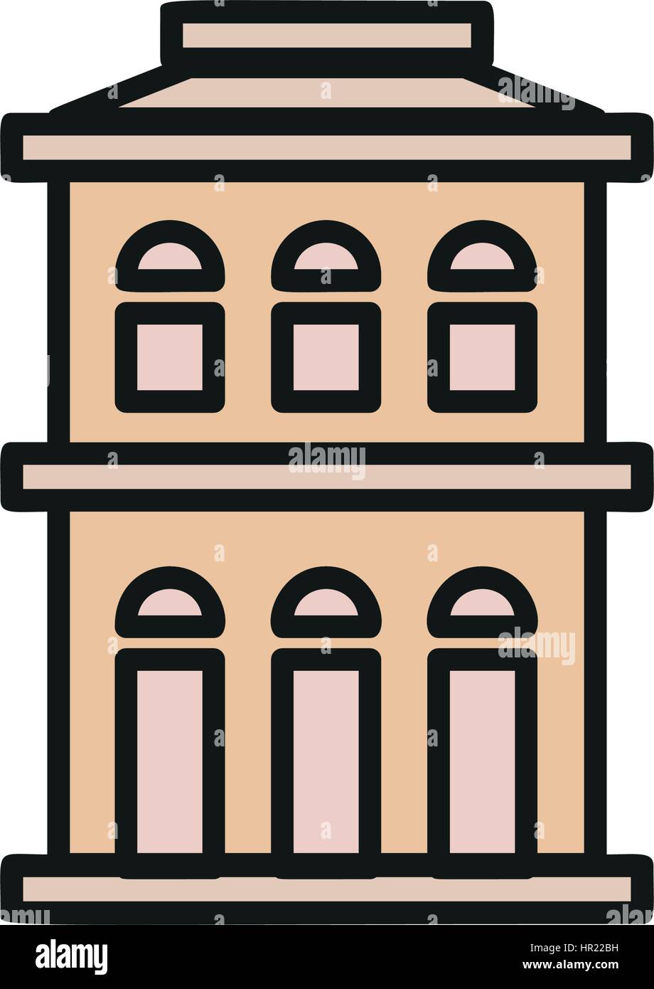 Isolated pink color low-rise municipal house in lineart style icon, element of urban architectural building vector illustration. Stock Vector
