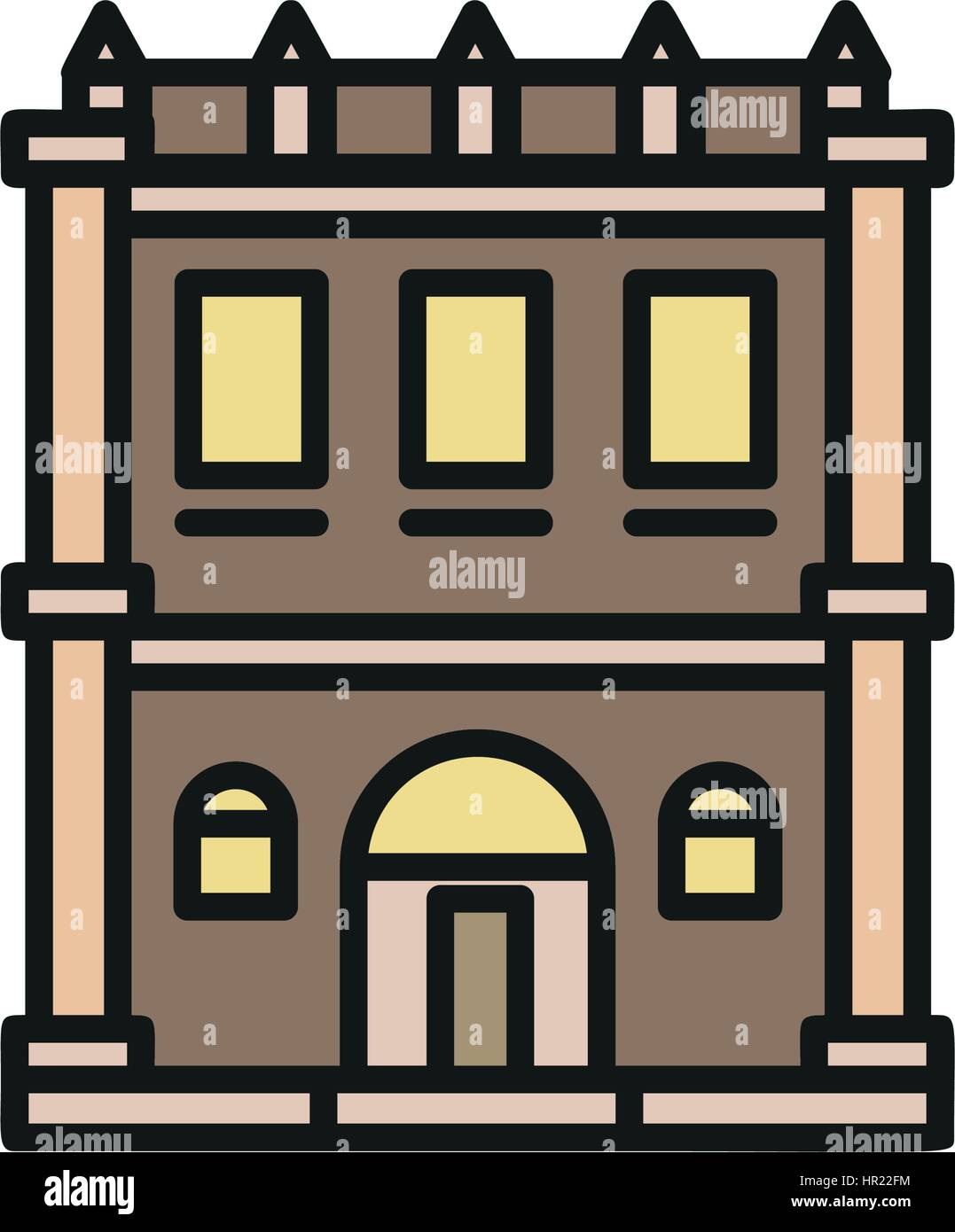 Isolated grey color low-rise municipal house in lineart style icon ...