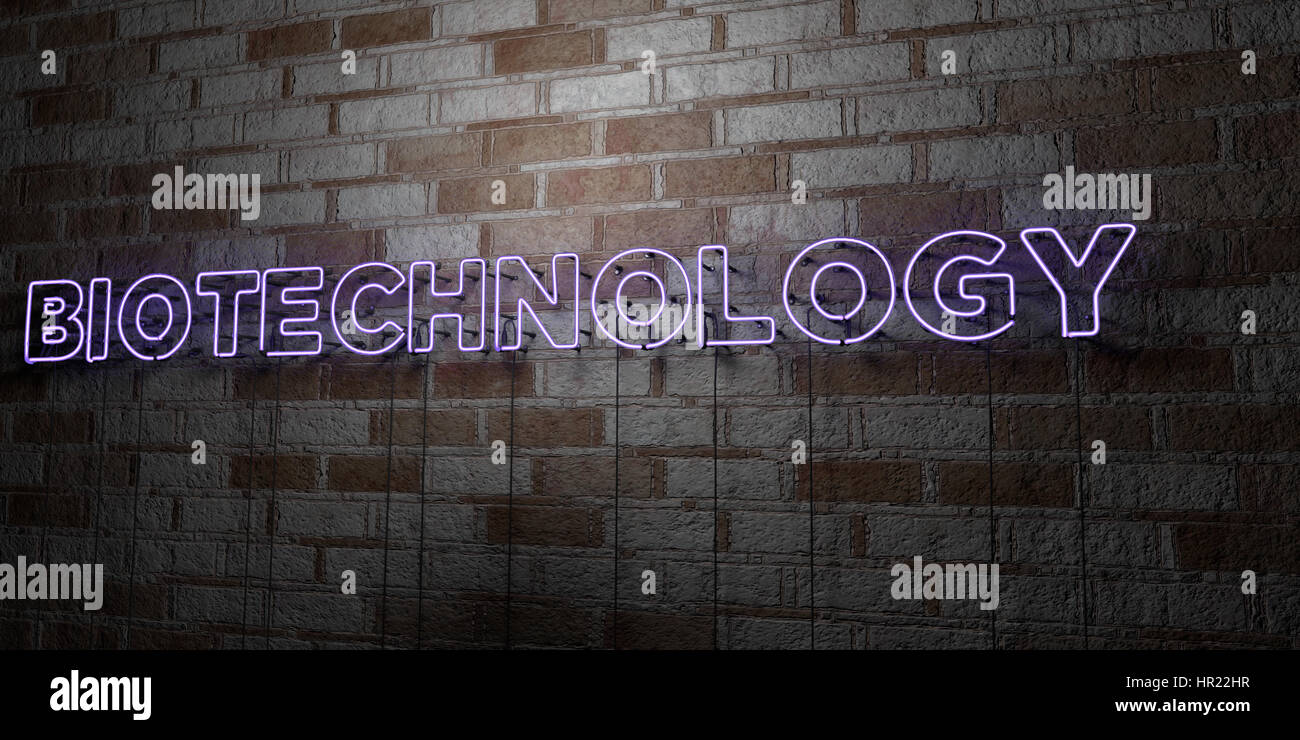 Bio Tech Sign BIOTECHNOLOGY - Glowing Neon Sign on stonework wall - 3D rendered ...