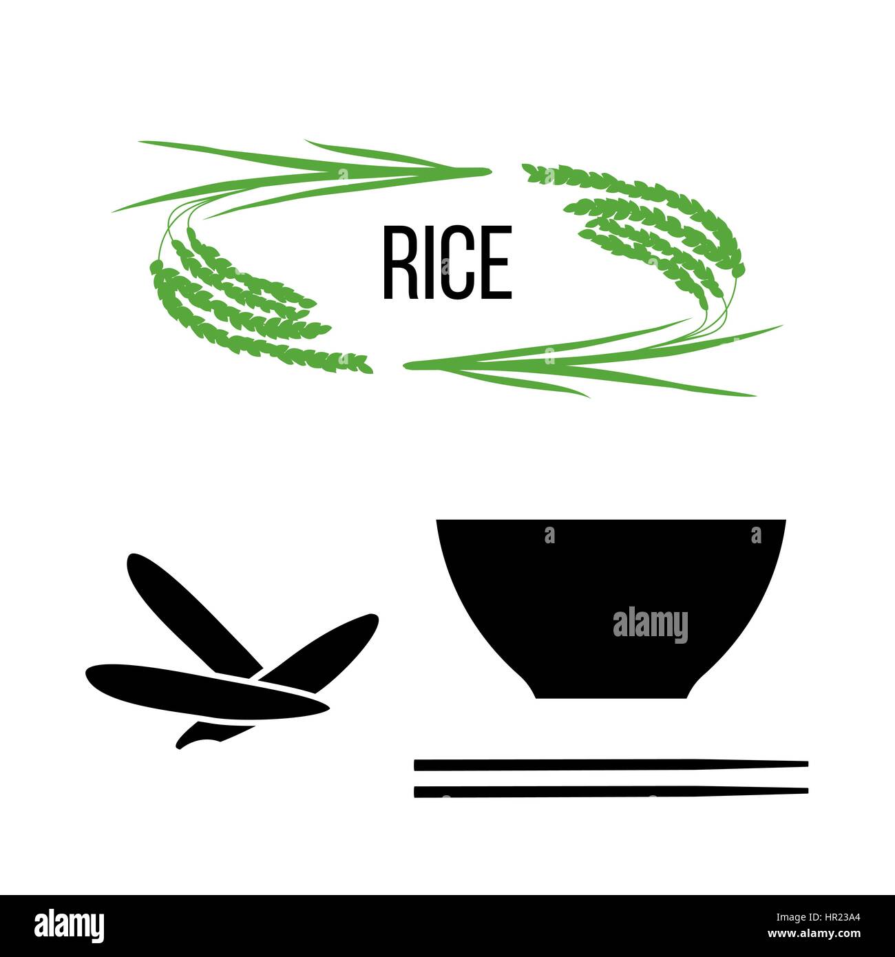 Set of rice plants and bowl with long-grained rice and chopsticks on white. Flat cartoon vector icons. For culinary, cafe, fastfood, shop, restaurant. Stock Vector
