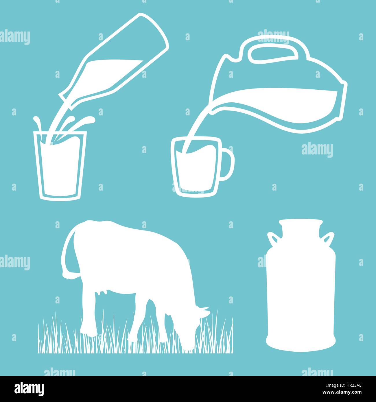 Cow, Milk can, Milk pouring from a bottle in cup, splashes. Jar