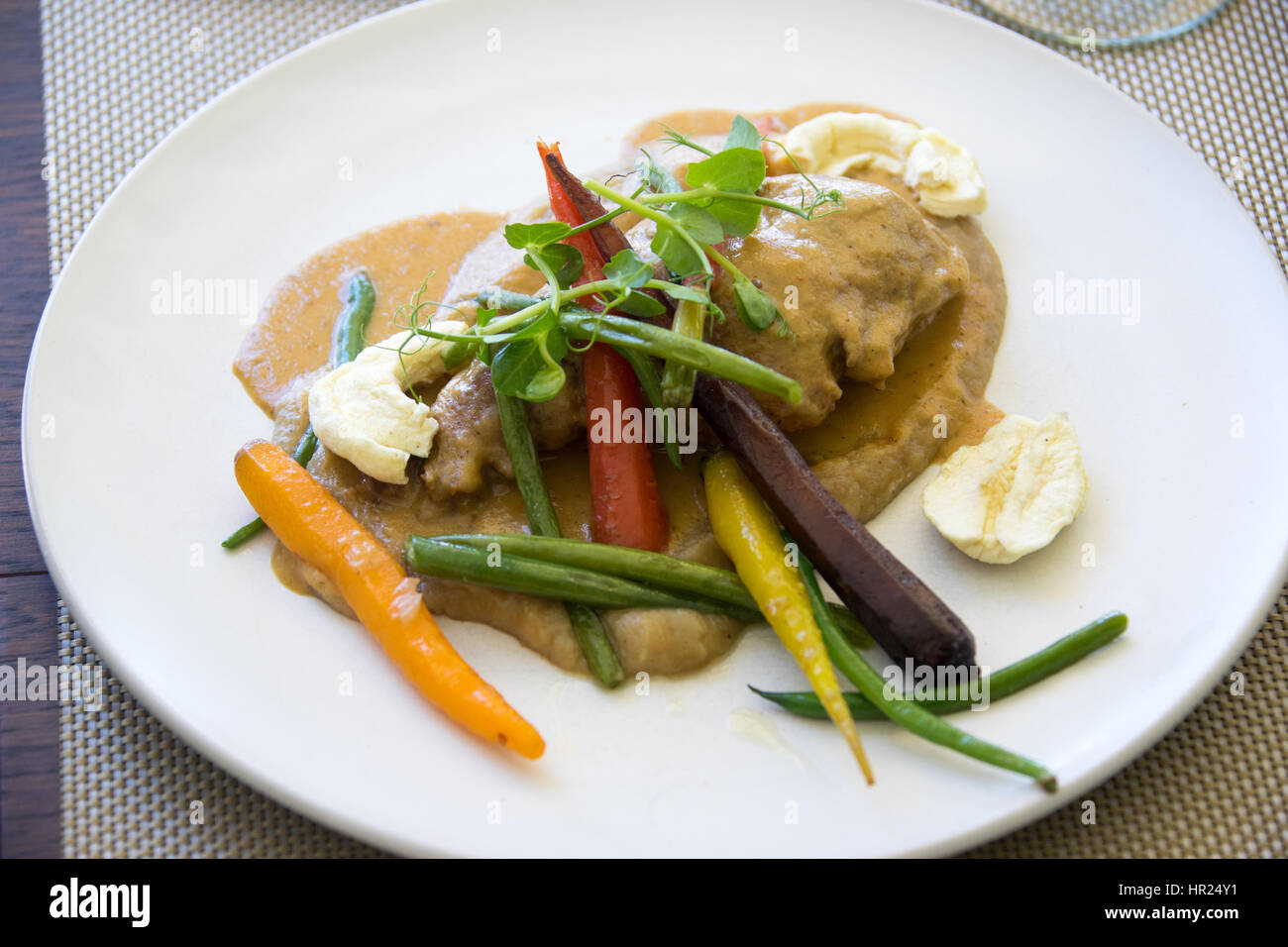 Braised Rabbit, mustard apple sauce, apple and sweet potato puree at La Petite Ferme