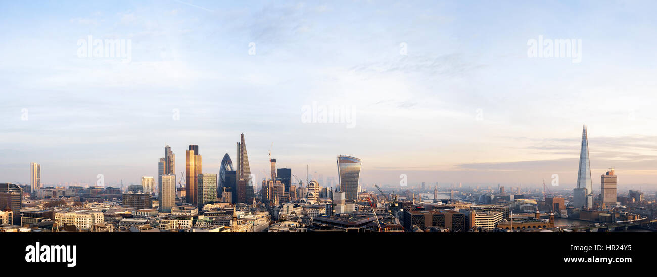 UK, London, Aerial city skyline panorama with view of the Shard, Tower Bridge, the financial district and Canary Wharf Stock Photo