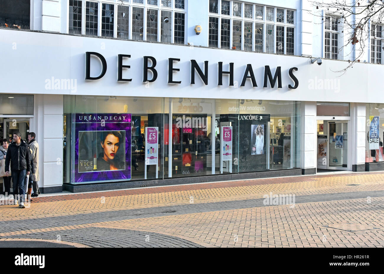 Chelmsford Debenhams department store entrance & shop front window display in paved shopping retail high street uk shops in town centre Essex England Stock Photo
