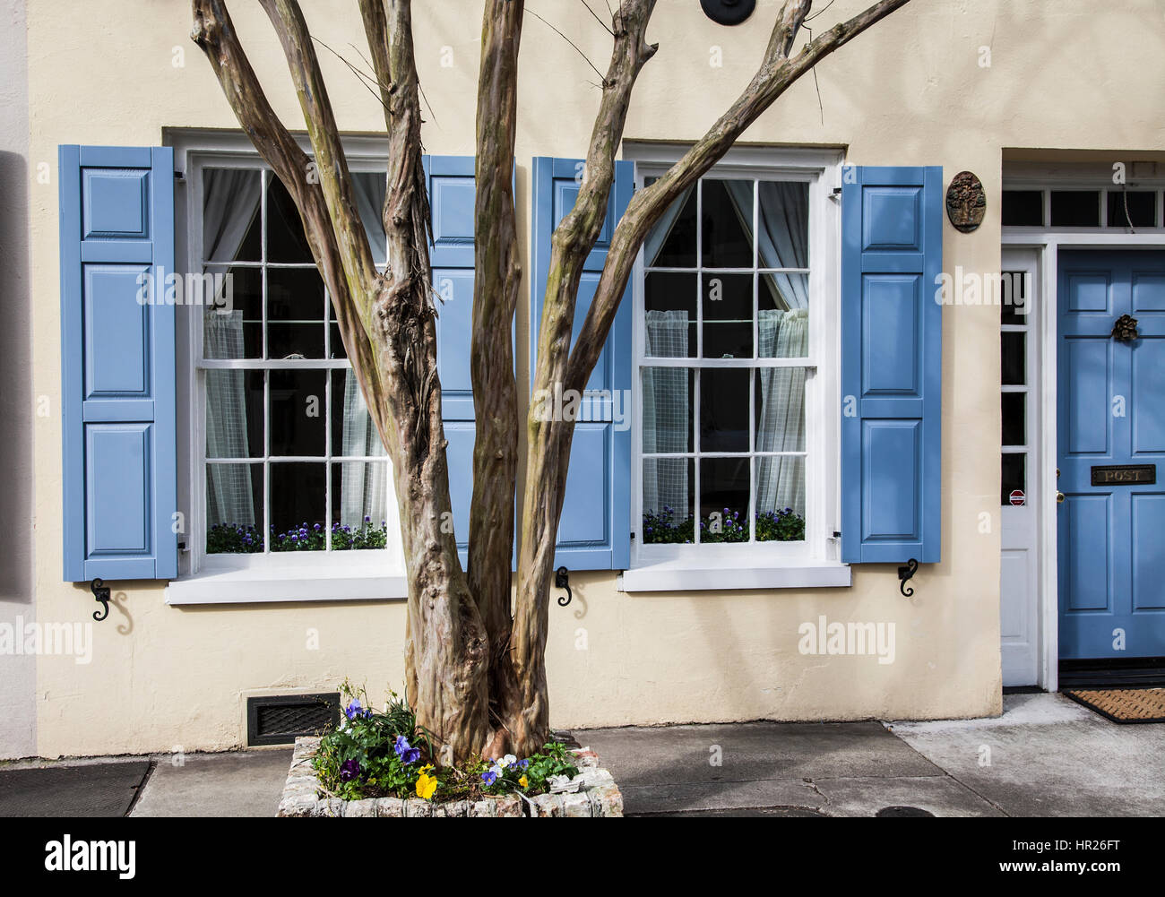 Beautiful vintage home with Robins egg blue window frame Storm shutters, house Charleston, South Carolina, USA, spring summer, historic district Stock Photo