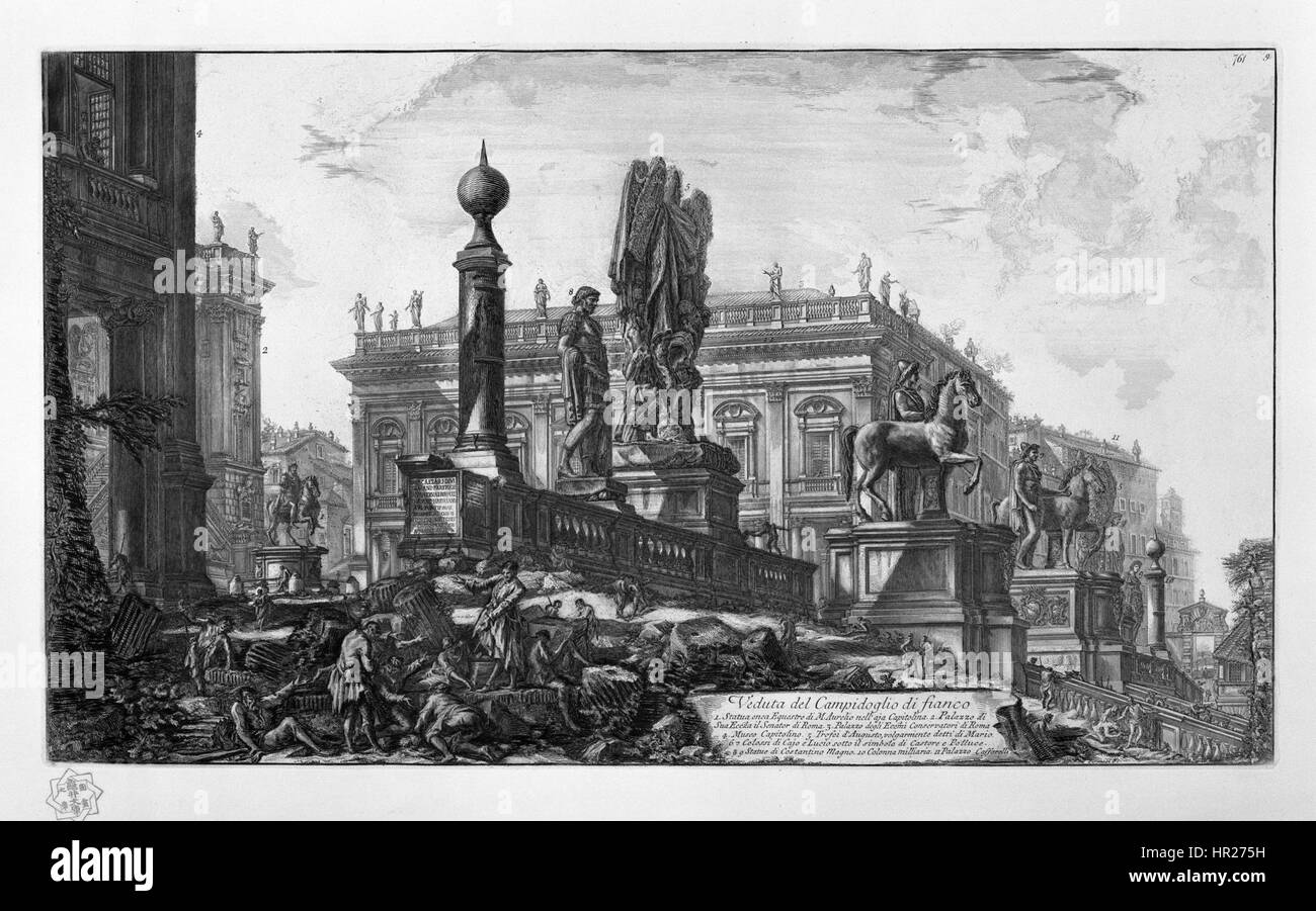 Giovanni Battista Piranesi's work from the 1700s is known for his etchings of Roman ruins and architecture. Piranesi's detailed engravings capture the grandeur and decay of ancient Roman structures, with dramatic perspectives and intricate lines. Stock Photo