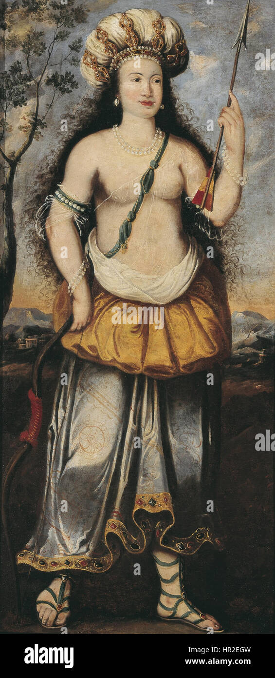 'Orientalka - Amazonka' is a painting featuring a dramatic and exotic depiction of an Amazon warrior woman. The work emphasizes the power and grace of the female figure in a dynamic, historical context. Stock Photo