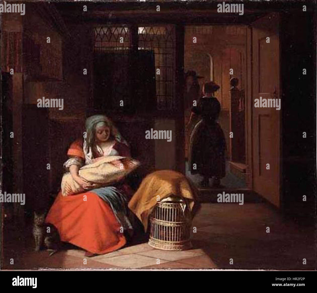 Pieter de Hooch - A woman with a baby on her lap and a maid seen from the back Stock Photo
