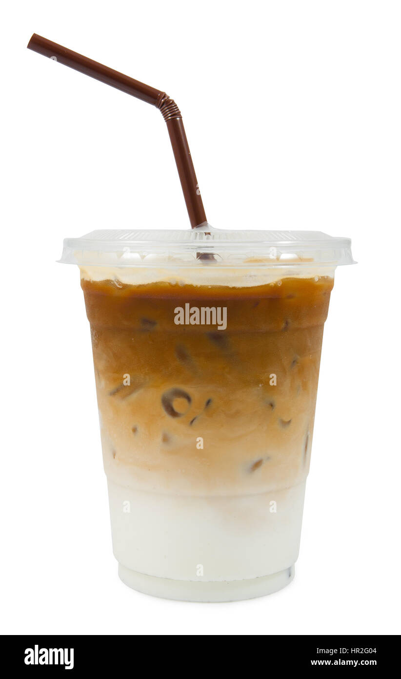 Cold brewed iced latte coffee on plastic cup, side view with
