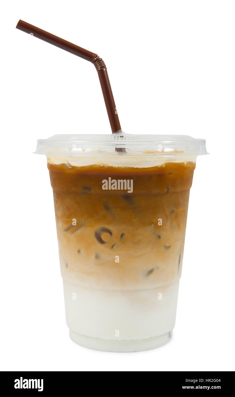 iced coffee with straw in plastic cup isolated on white background