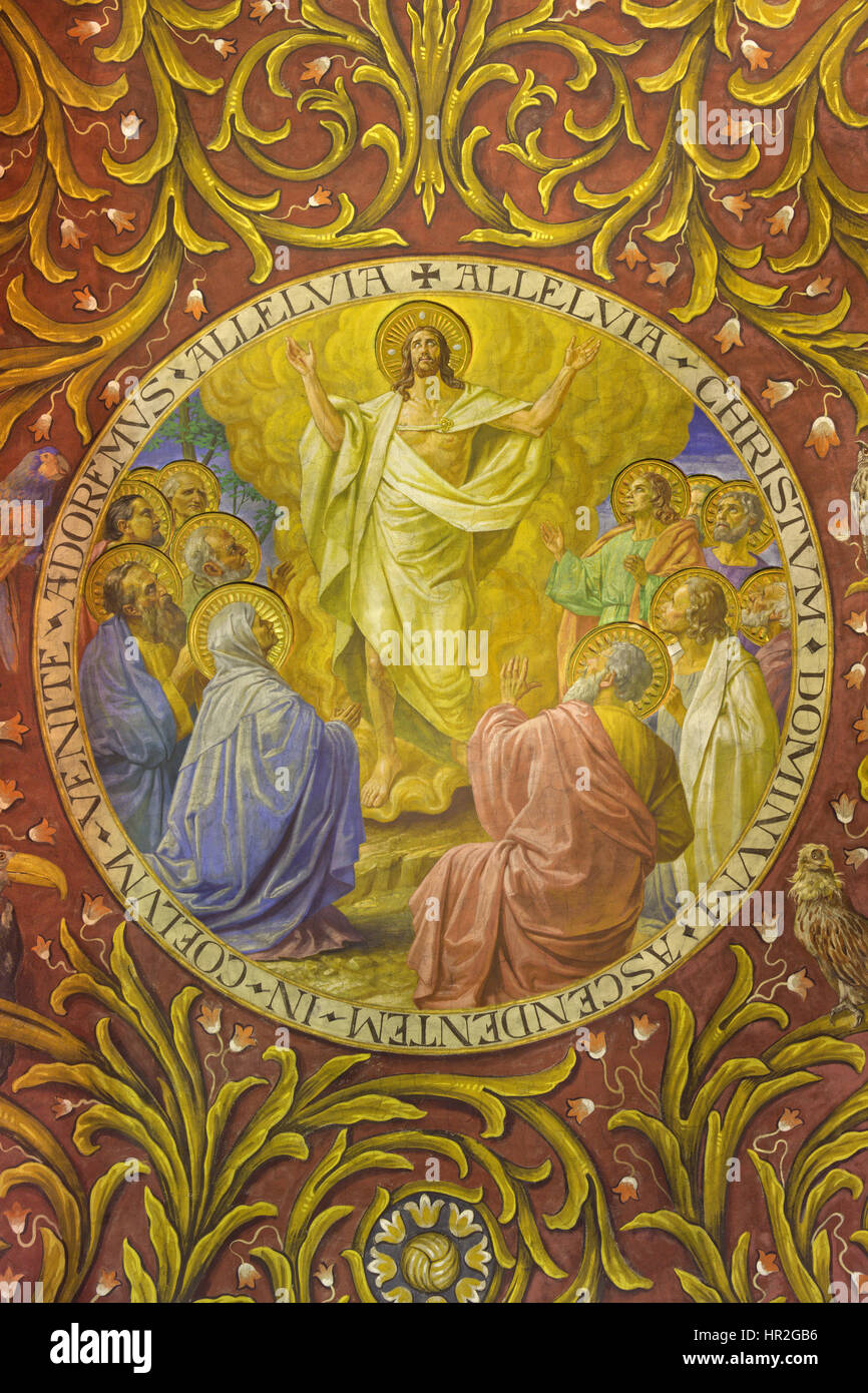 BERLIN, GERMANY, FEBRUARY - 14, 2017: The fresco of Ascension of Jesus in church Rosenkranz Basilica by Friedrich Stummels, Karl Wenzel, and Theodor N Stock Photo