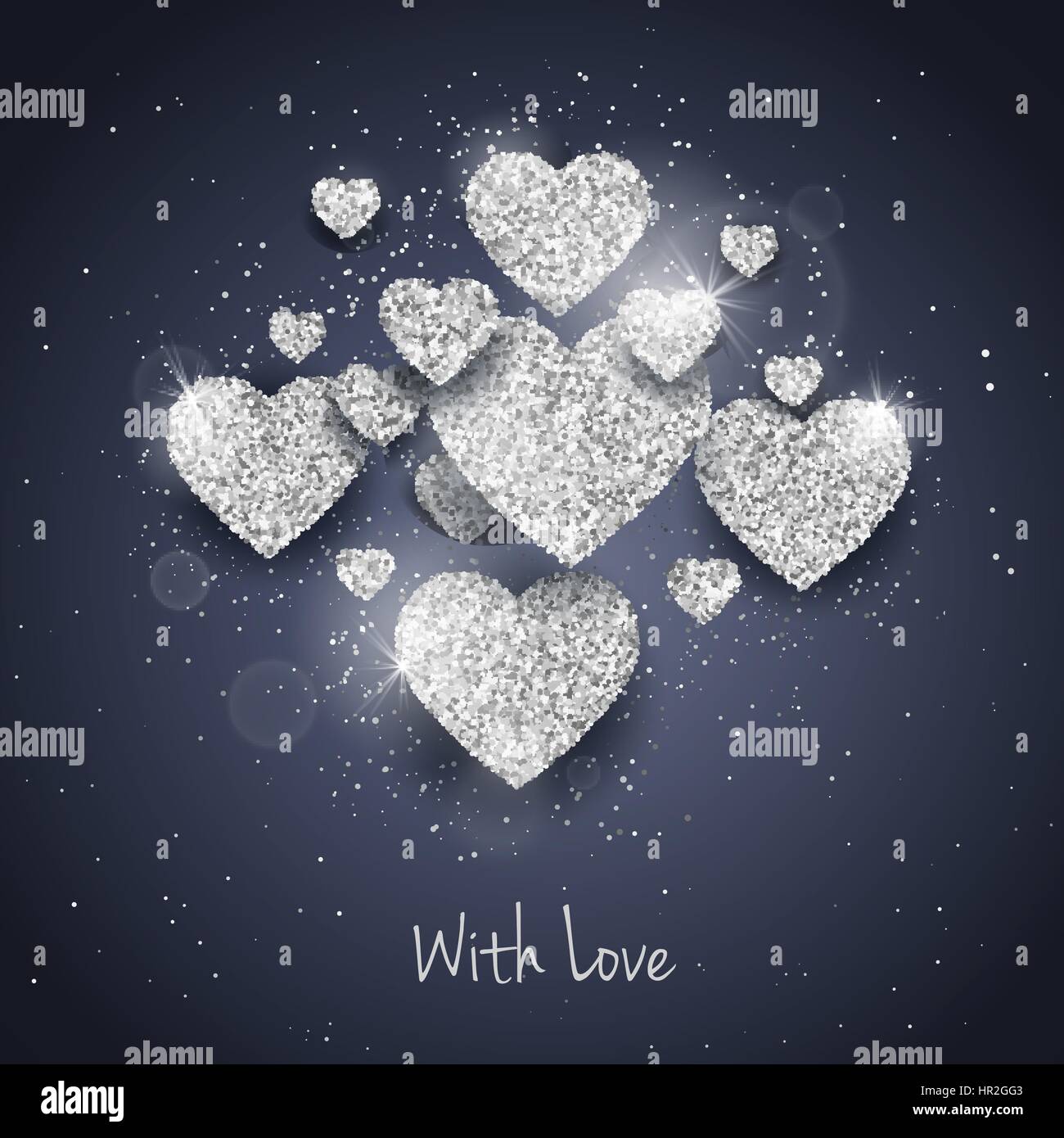 Vector Happy Valentines Day greeting card with sparkling glitter silver ...