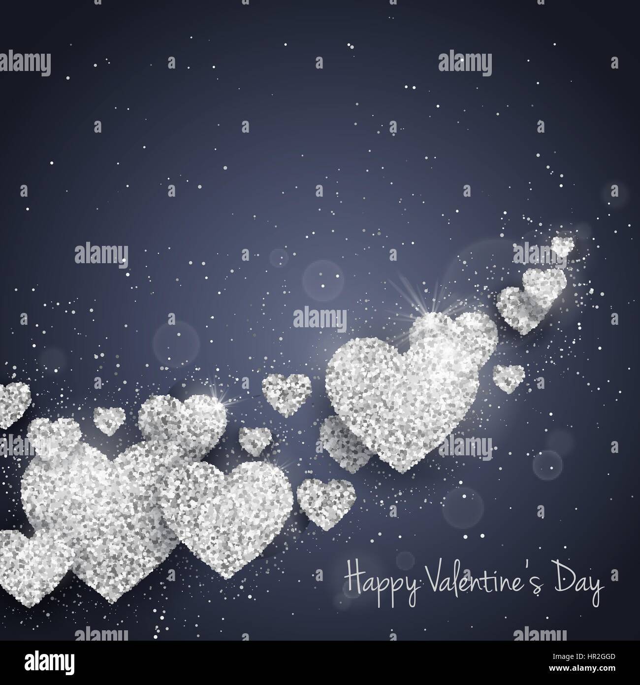 Vector Happy Valentines Day greeting card with sparkling glitter silver ...