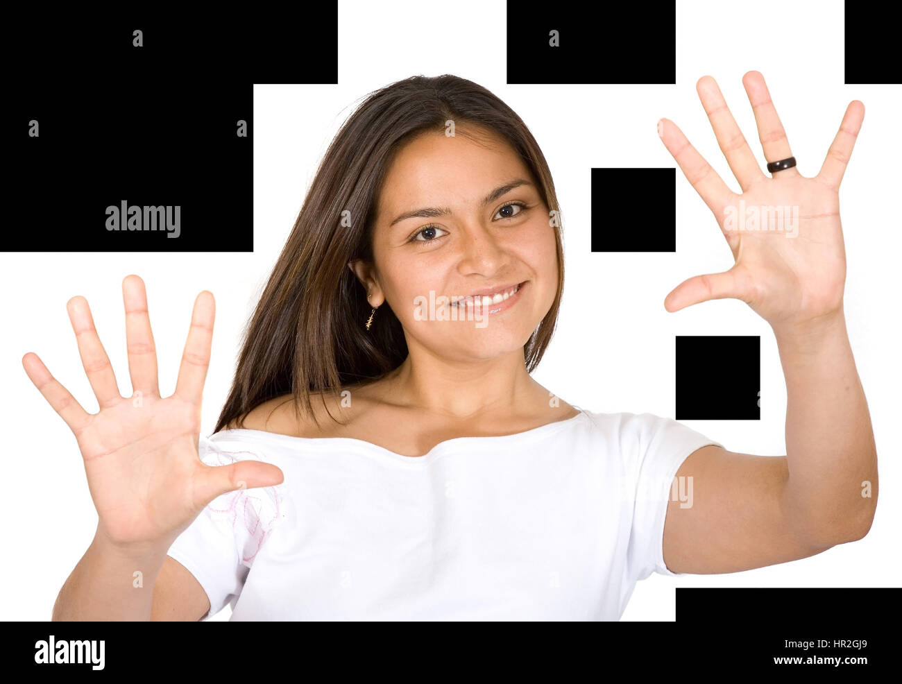 fun girl showing her hands over a white background Stock Photo - Alamy