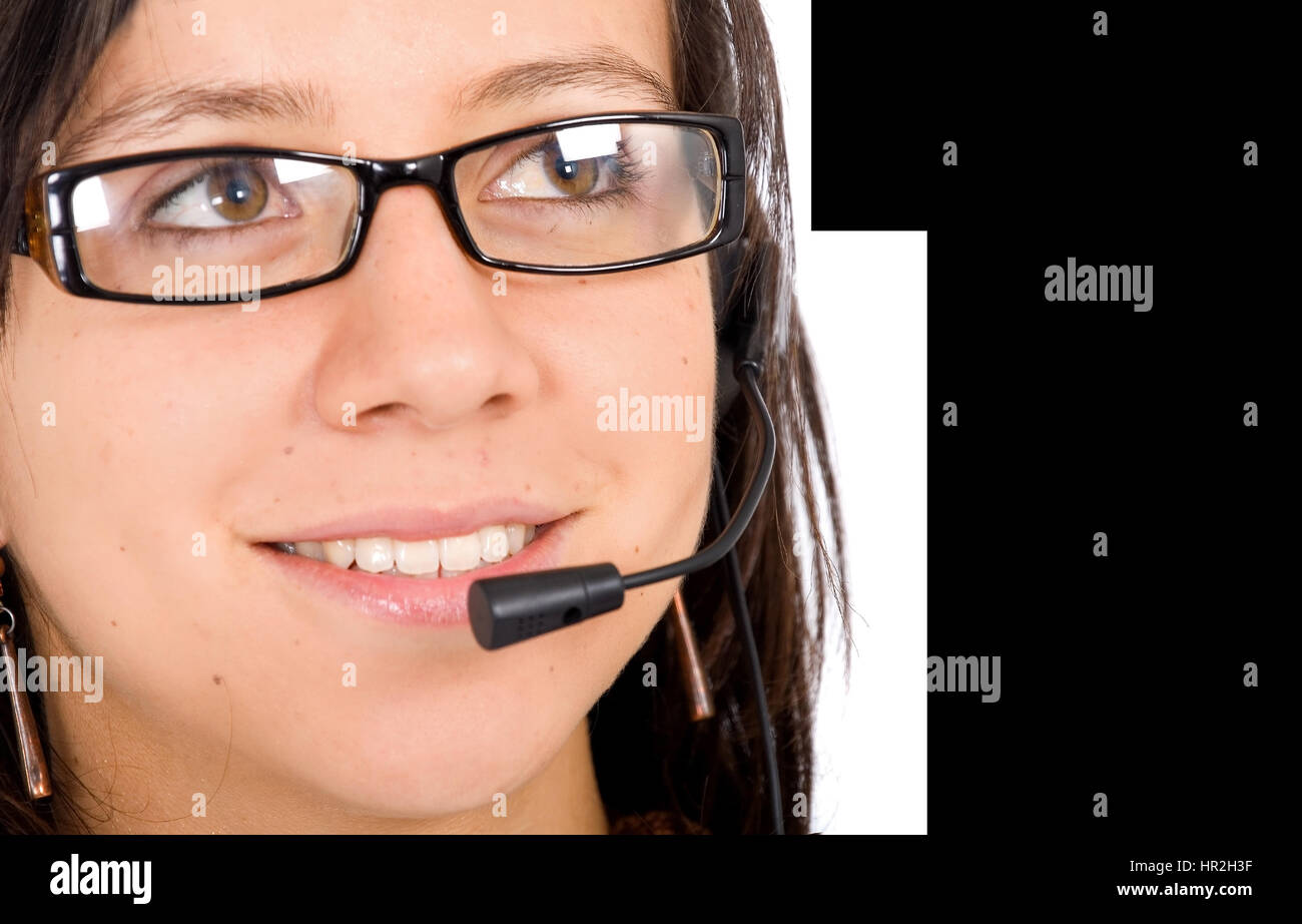 customer service girl wearing glasses looking away over a white