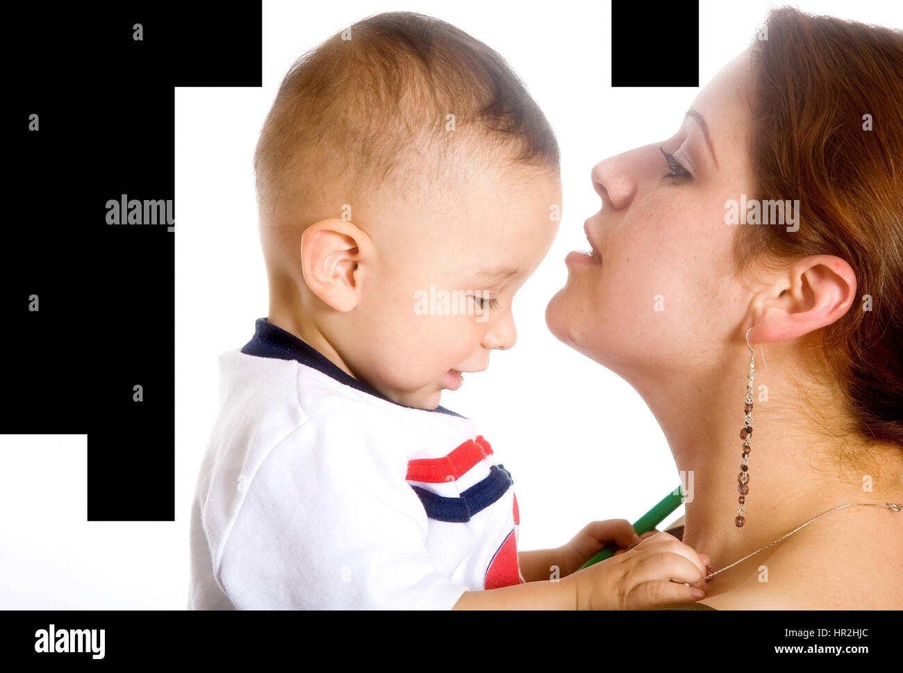 baby and his mum - mothercare in colour over a white background Stock Photo