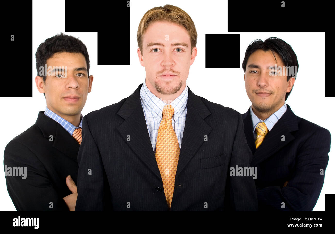 male only business team lead by a caucasian guy with two latin americans Stock Photo