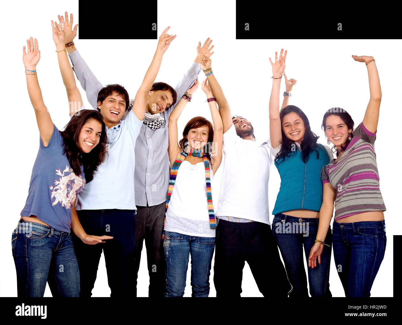 happy group of friends with arms up isolated over a white background ...