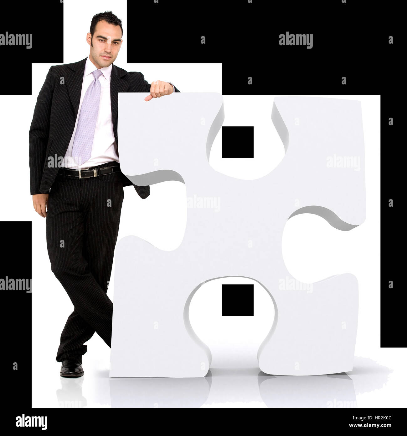 Man holding in hand puzzle element and looks for a solution to assemble  last jigsaw piece. Concept of project finishing, work solutions, suggestion  of creative ideas. Flat style vector illustration. 4737057 Vector