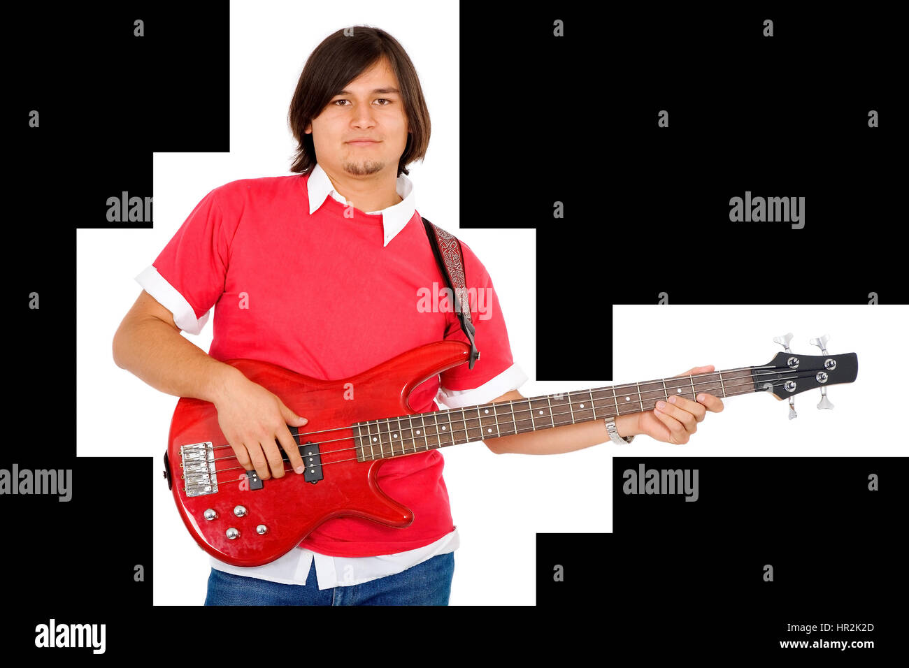 male guitarist in a band isolated over a white background Stock Photo