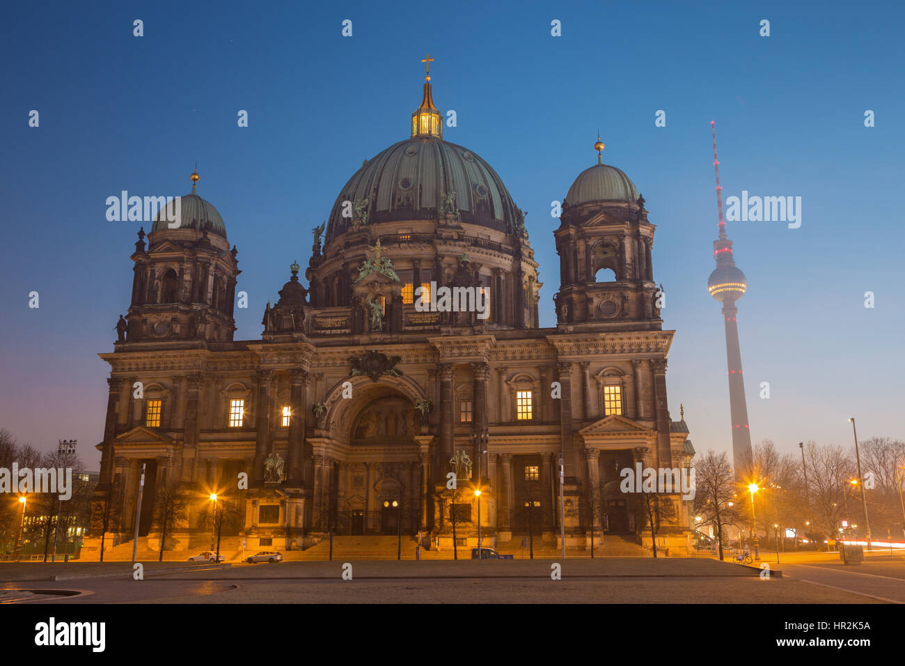 Berlin - The Dom and the Fernsehturm in morning dusk. Stock Photo