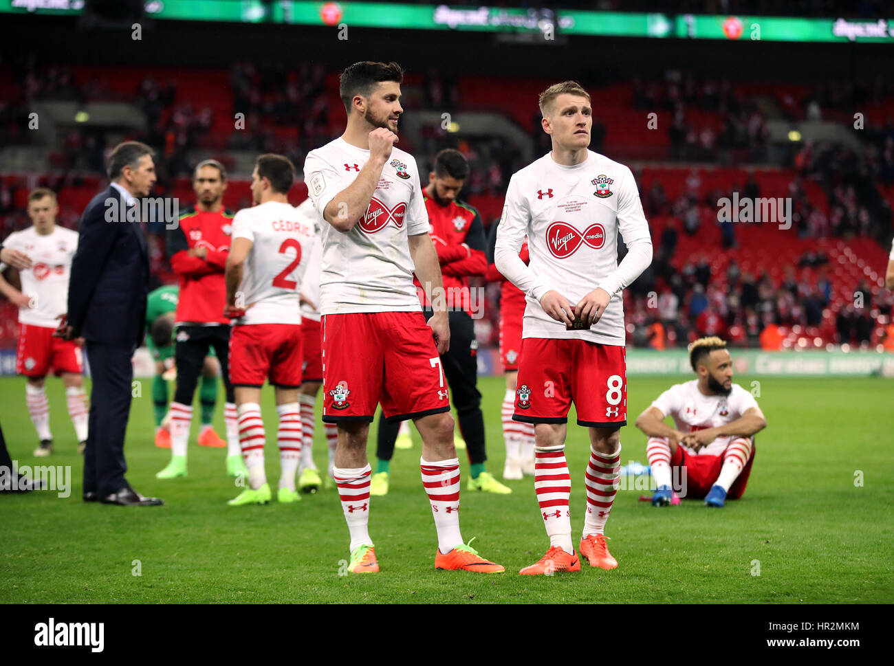 Southampton's Shane Long (left) and Steven Davis after the EFL Cup Final at Wembley Stadium, London. Stock Photo