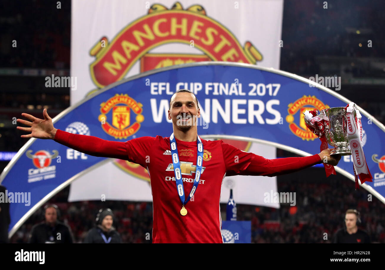Manchester United's Zlatan Ibrahimovic with the trophy after the EFL Cup Final at Wembley Stadium, London. Stock Photo