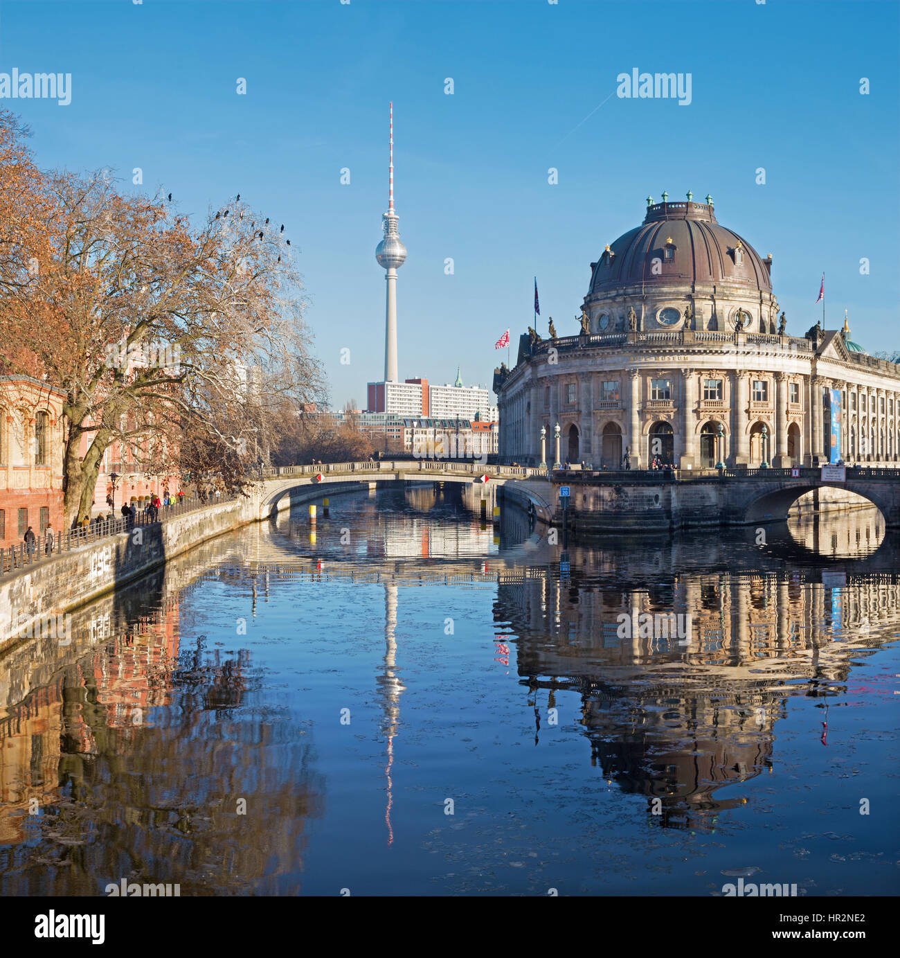 BERLIN, GERMANY, FEBRUARY - 15, 2017: The Bodenmuseum over the the Spree river and Frensehturm. Stock Photo