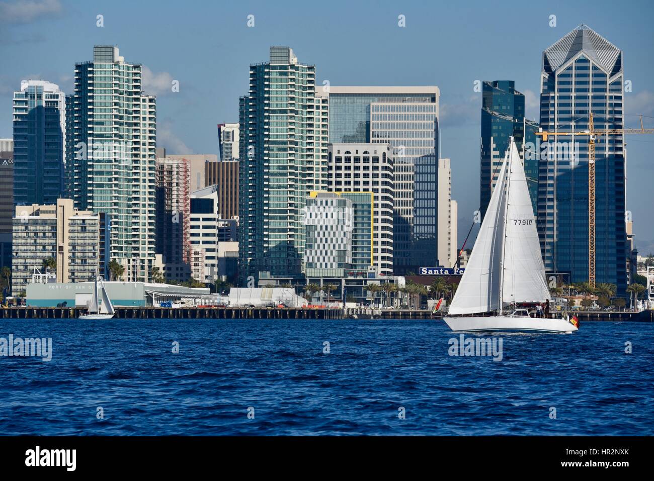 Sailboat gliding across San Diego Bay in front of skyline, San Diego