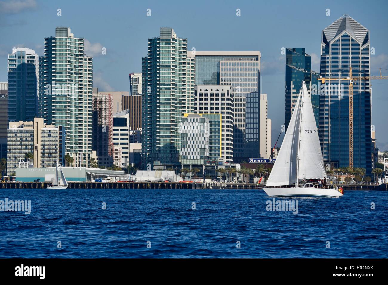 Sailboat gliding across San Diego Bay in front of skyline, San Diego, California. Stock Photo
