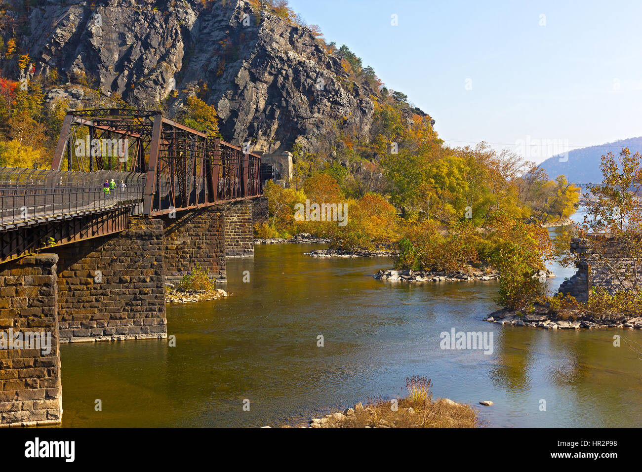 Appalachian trail crossing Shenandoah River in Harpers Ferry. Colorful autumn landscape from a scenic outlook in West Virginia, USA. Stock Photo