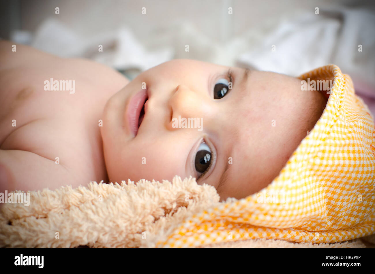 newborn hood eyes closeup gaze face portrait Stock Photo