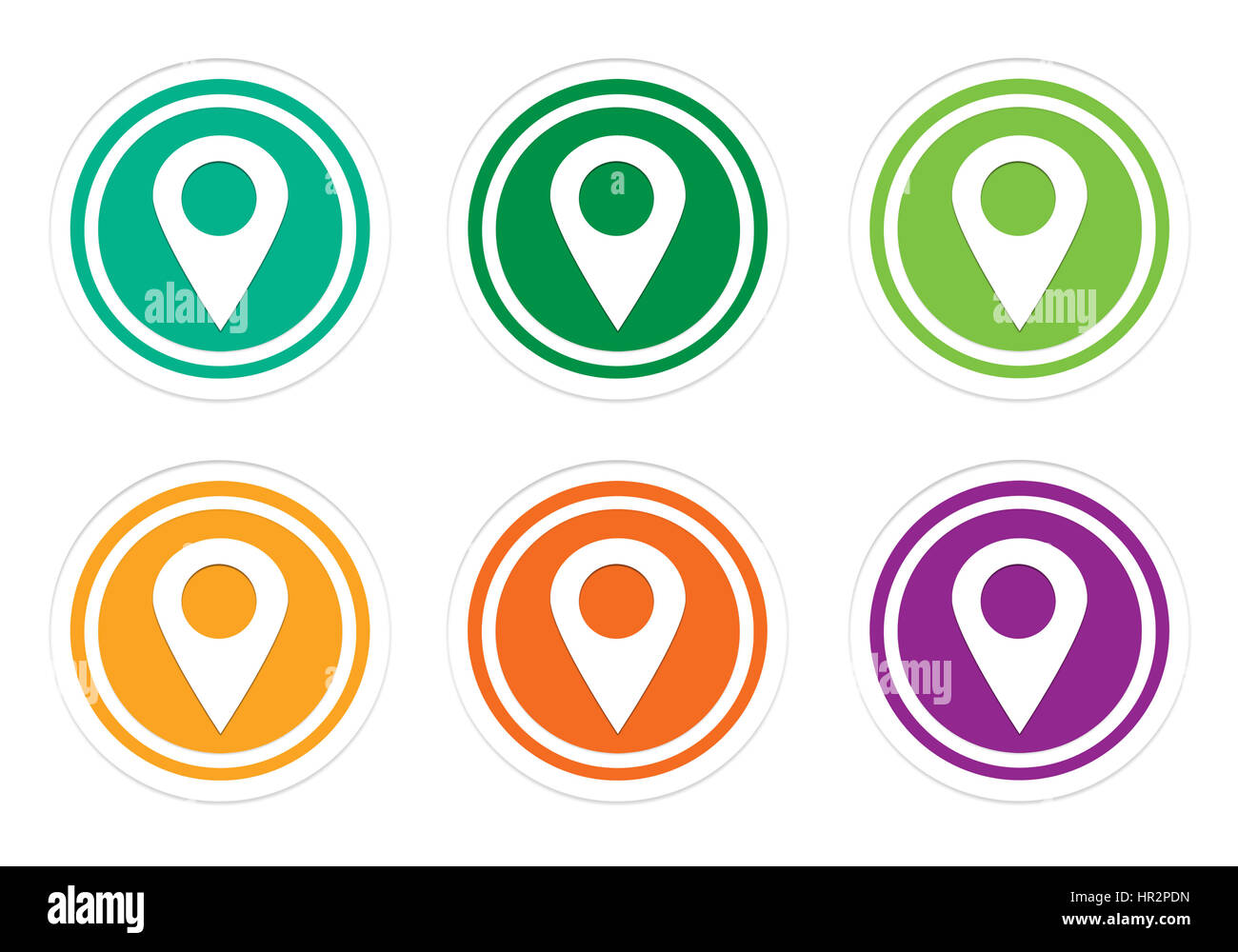 Set of rounded colorful icons with markers on maps in green, yellow, orange and purple colors Stock Photo