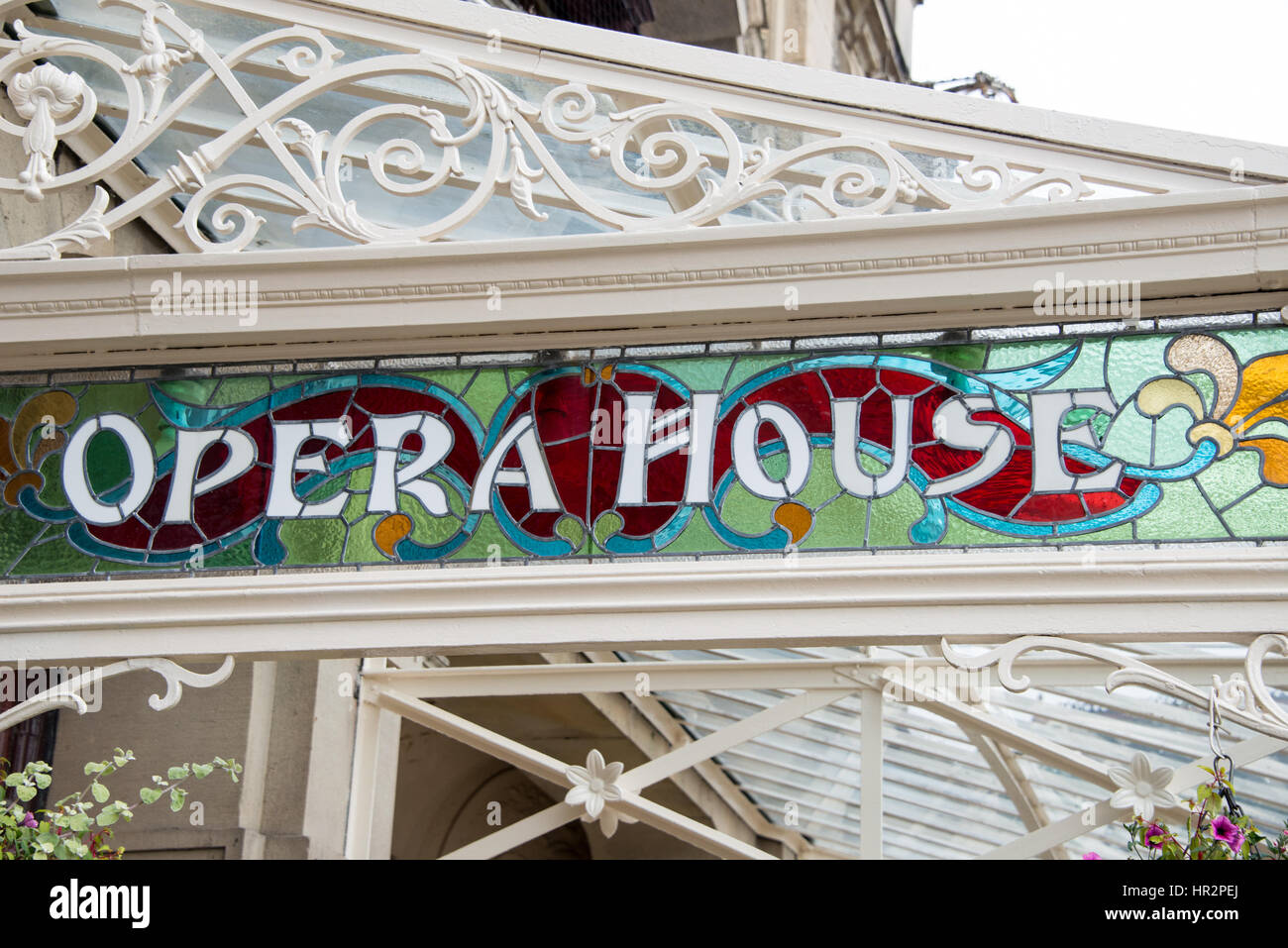 The stained glass signage on the front of Buxton Opera House, Derbyshire, UK Stock Photo