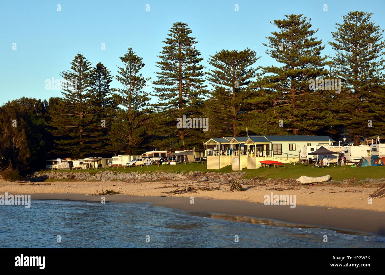 Cabins of the Tuross Beach Holiday Park right at the beach in early