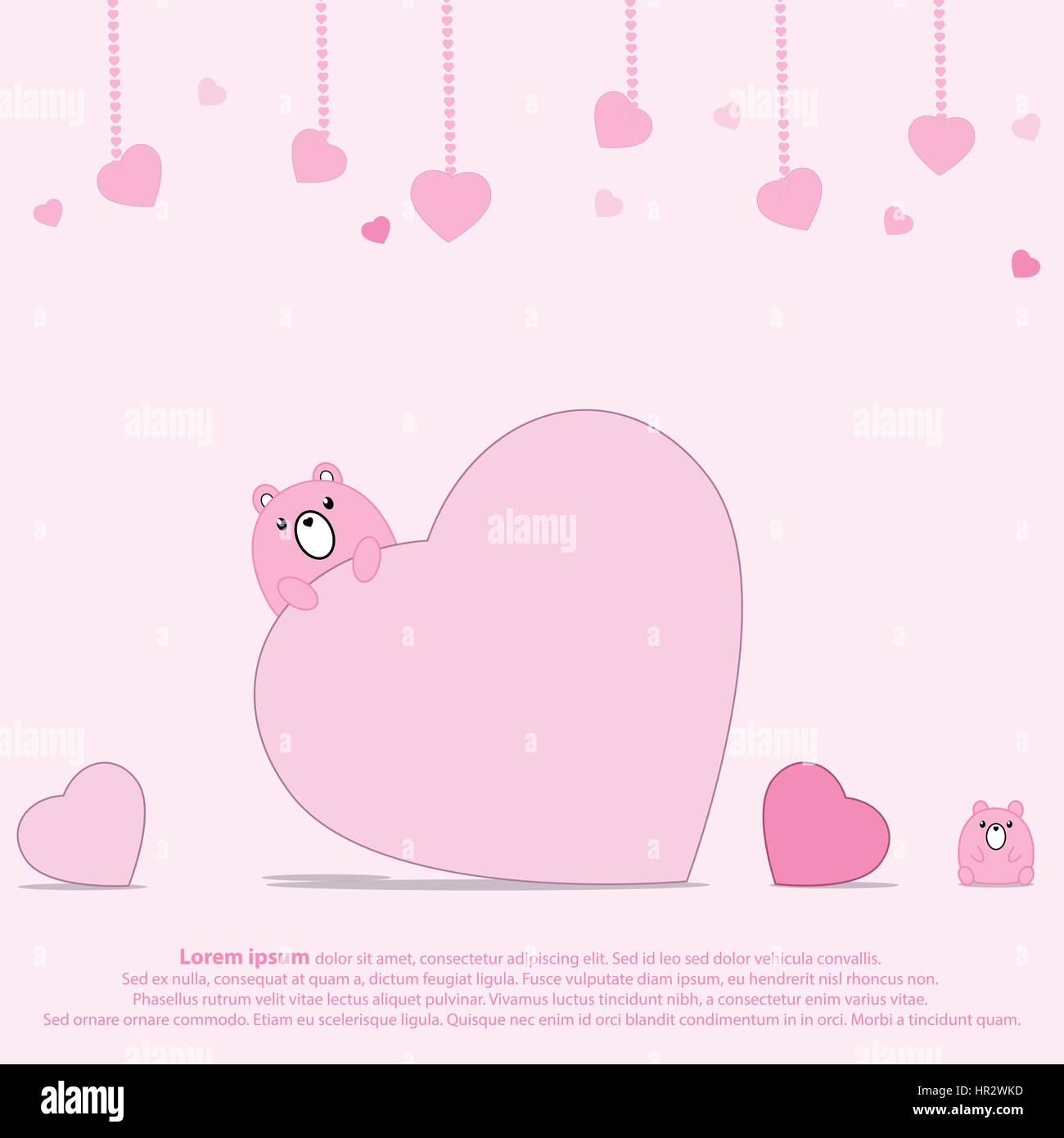 Cute bear behind big heart and hanging heart with pink background in ...