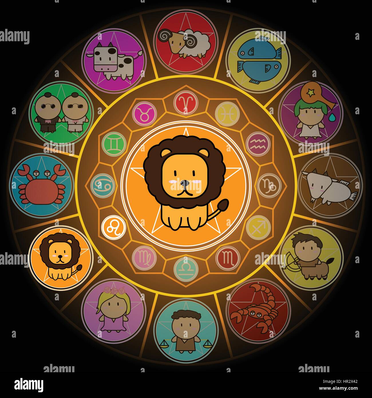 Leo Zodiac in Center Circle of horoscope signs Cartoon icon vector on