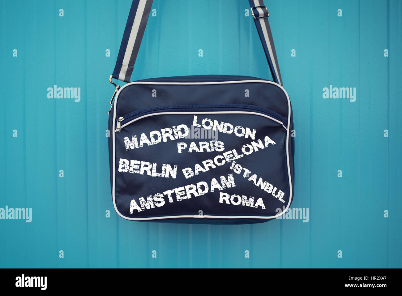 Capital Cities on Blue Bag,Travel concept. Stock Photo