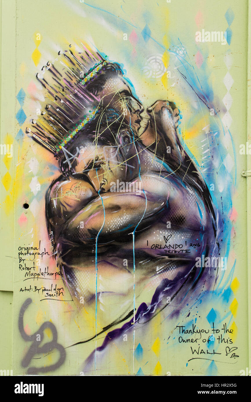 Orlando Tribute Street Art graffiti by Paul Don Smith, in Old Compton Street, Soho, London, UK. Based on original photograph by Robert Mapplethorpe Stock Photo