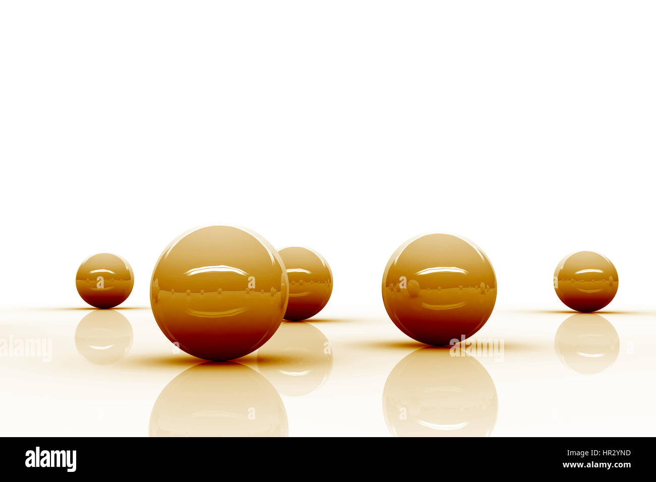 five brown reflective spheres blending into a bright white environment Stock Photo
