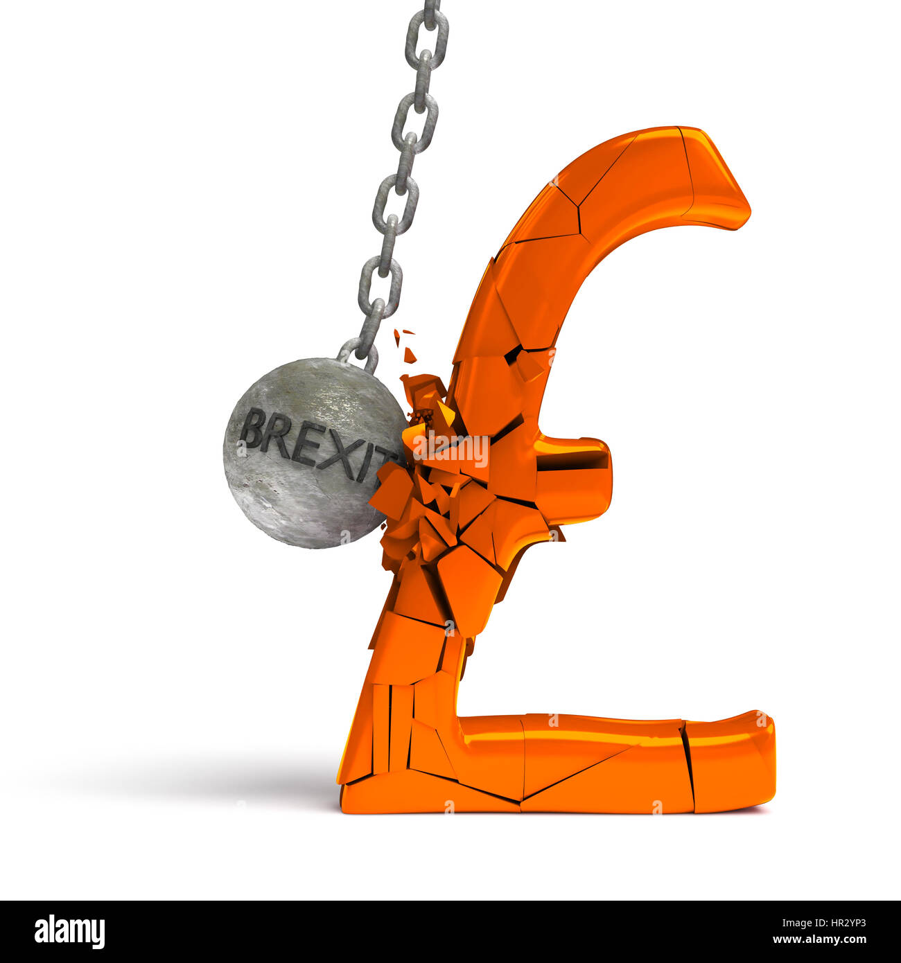 'brexit' wrecking ball destroying a huge golden pound sign Stock Photo