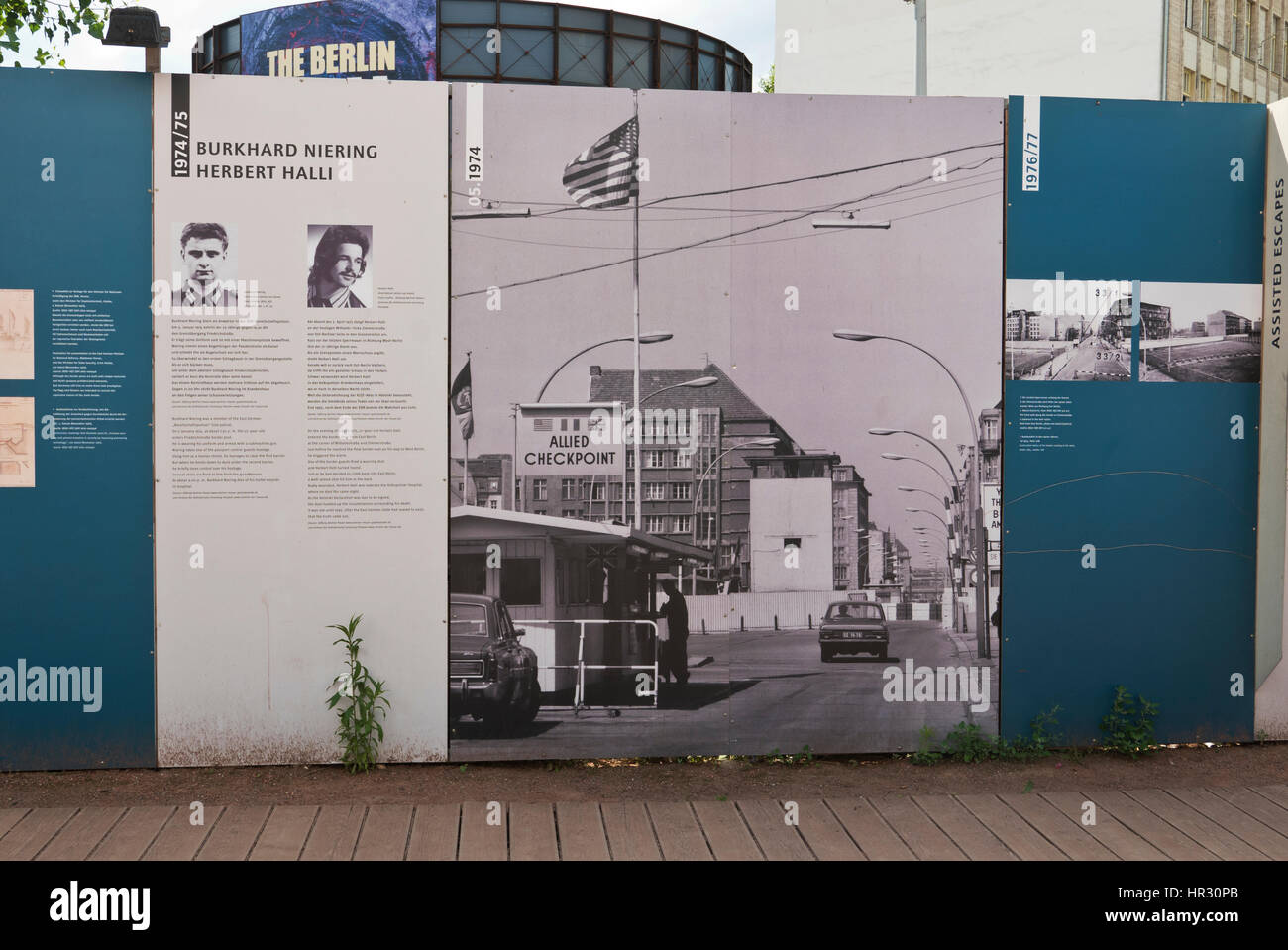 Large posters on display about the CheckPoint Charlie Guard Post, Berlin, Germany Stock Photo